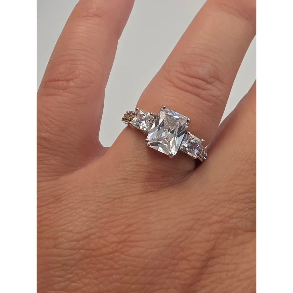 Emerald Cut Three Stone Engagement Ring Silver Tone Size 7.25